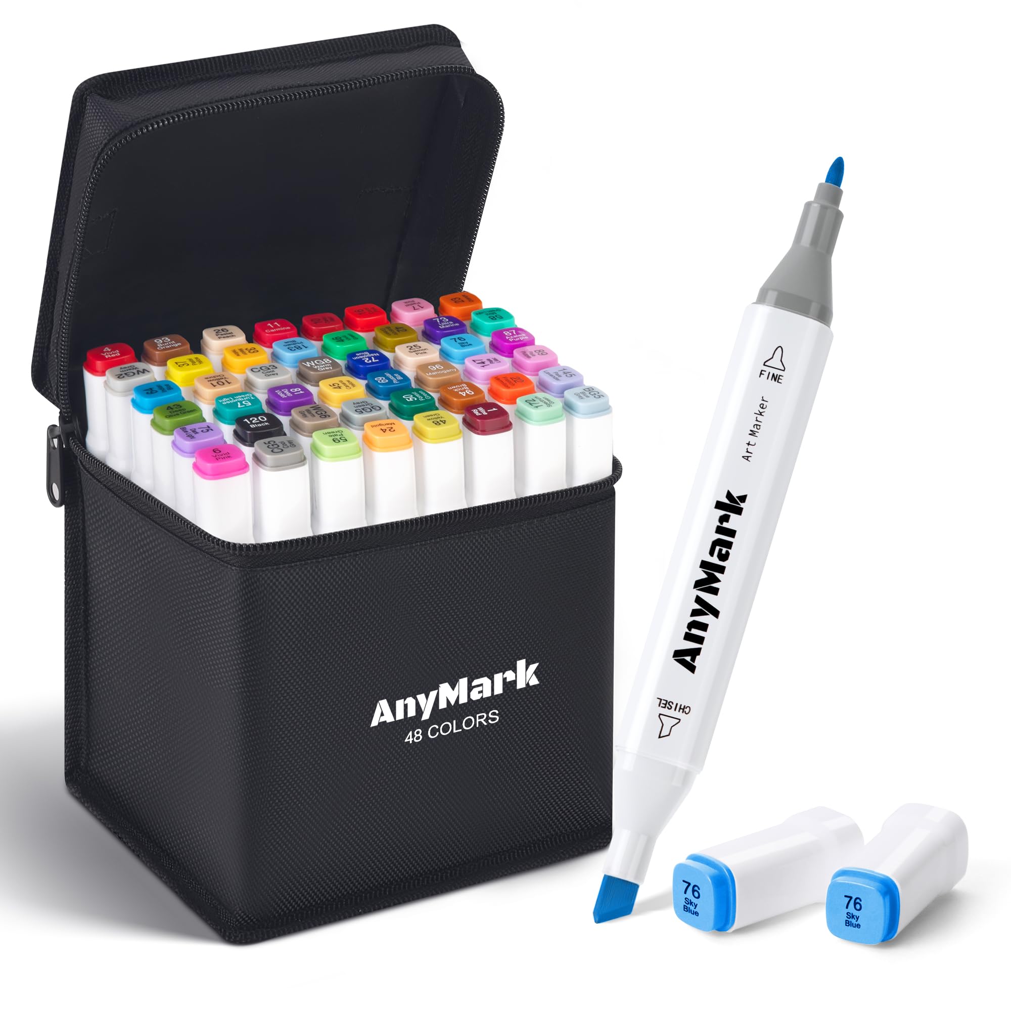AnyMark 48 Farben Alkohol Marker, Doppelspitze Alkoholmarker mit Meißel- & Feinspitzen, zum Zeichnen, Ausmalen & Skizzieren, mit weißem Schaft