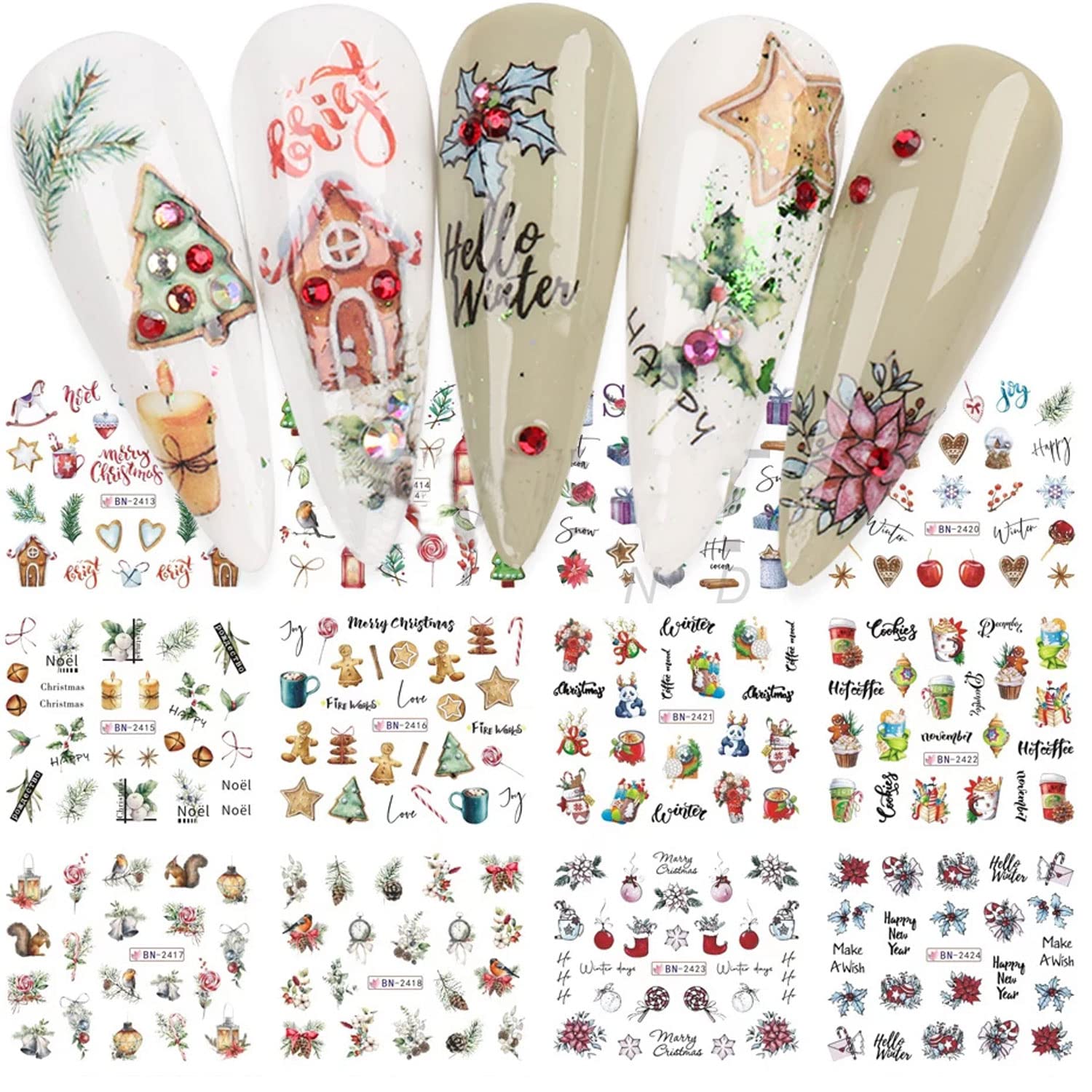 12Sheets Christmas Nail Art Stickers Snowflake Water Transfer Nail Decal Nail Art Decoration Supplies Cute Snowflake Snowman Bell Tree Stick Elk Xmas Winter Nail Design for Christmas