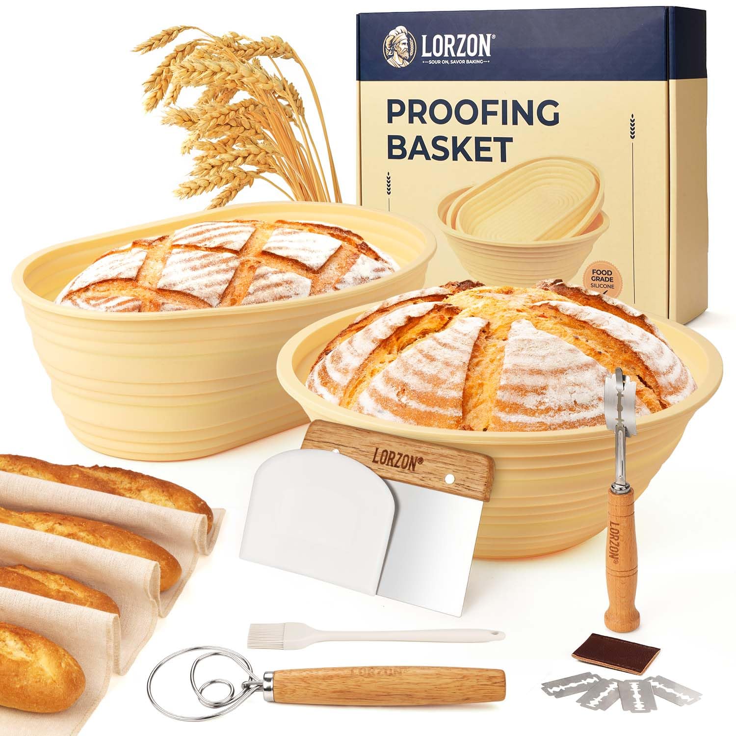 Photo 1 of Lorzon Silicone Banneton Bread Proofing Baskets Set of 2, 9" Round & 10" Oval Foldable Sourdough Proofing Baskets with Sourdough Bread Baking Supplies, Complete Bread Making Kit