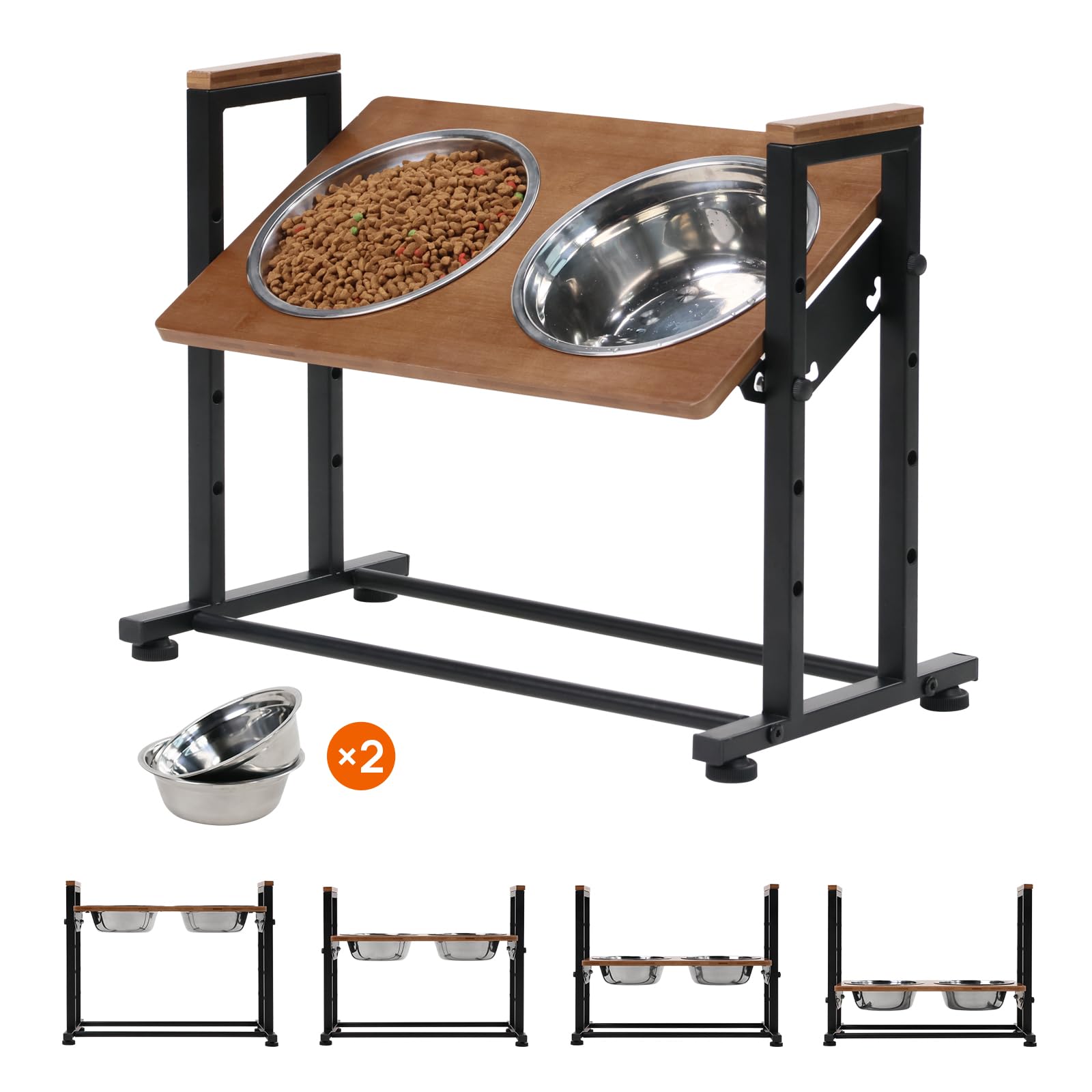 Soporte de comedero para Mascotas de Altura Ajustable con 2 Cuencos de Acero Inoxidable, Parte Superior de Madera y Marco de Metal Negro para Perros/Gatos, estación elevada de Alimentos/Agua (marrón