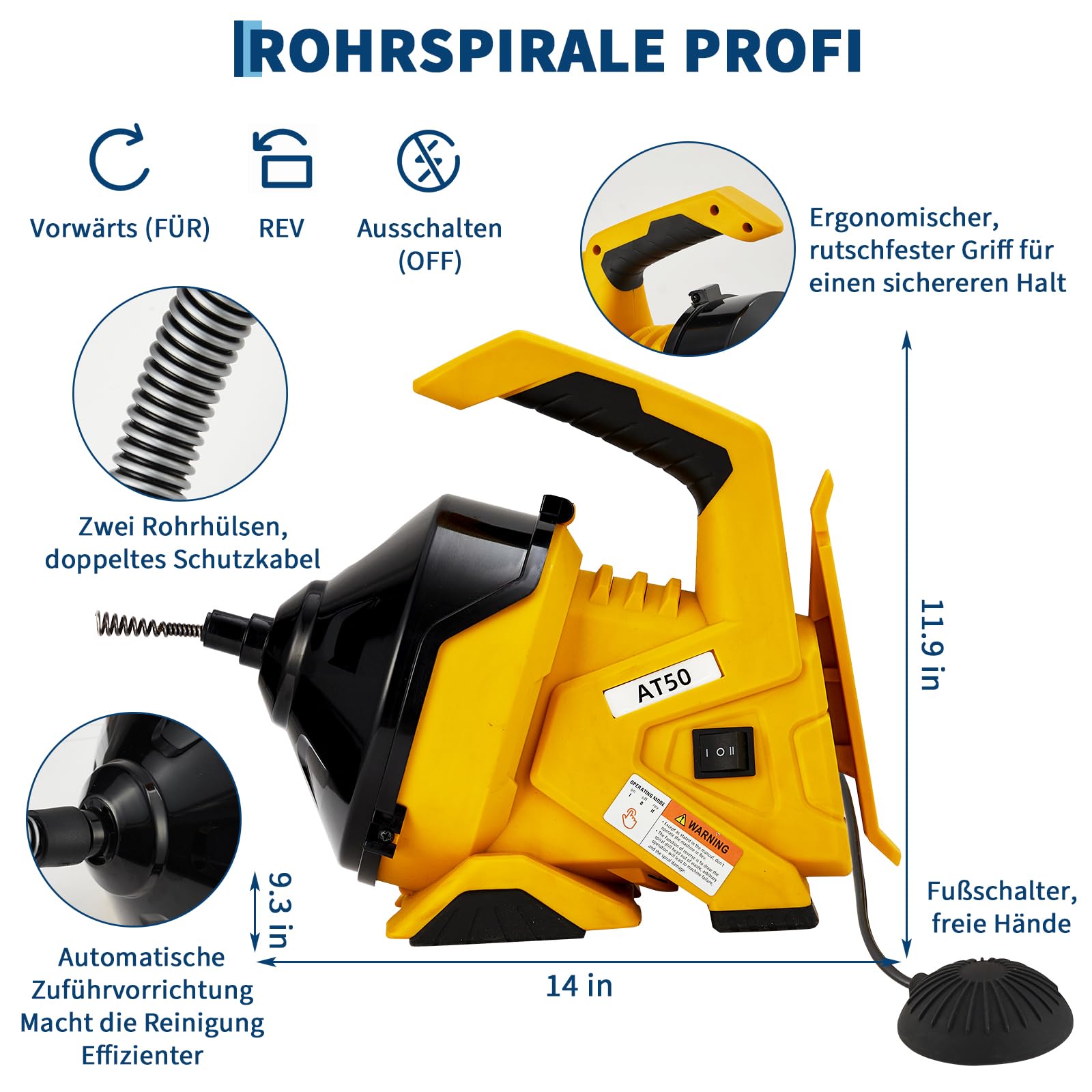 Rohrreinigungsspirale,9M Abflussreiniger Spirale Elektrische Spirale Rohrreinigung für 20-50mm Rohrverstopfungen Rohrreinigungsspirale mit Bohrkopf-Ideal für Spirale Abfluss Rohrreinigung