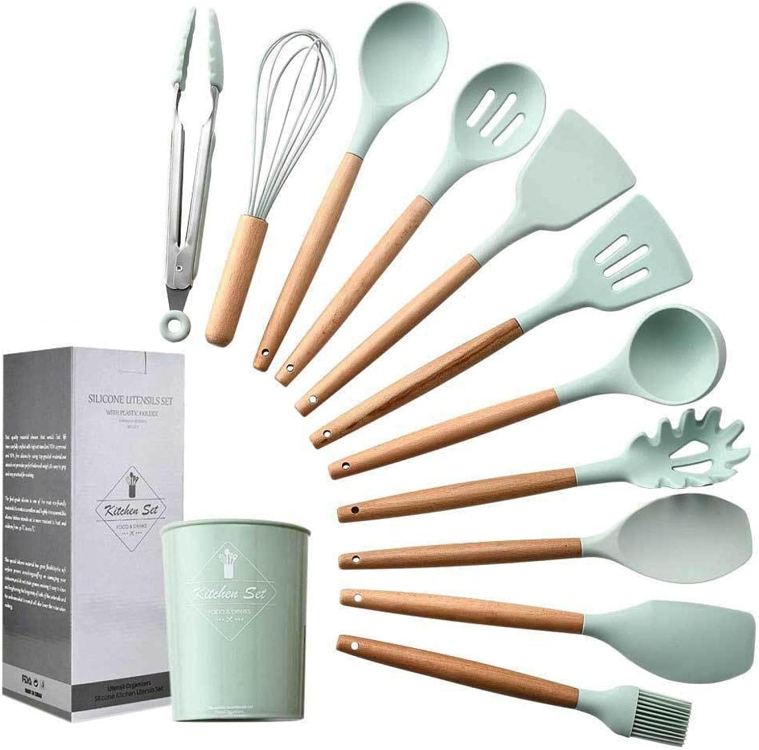 Green Storage Barrel Wooden Handle Silicone kitchenware 11 Pieces Set Non-Stick Spatula Kitchen Utensils Set Cooking Set Silicone kitchenware Gadget Set Green