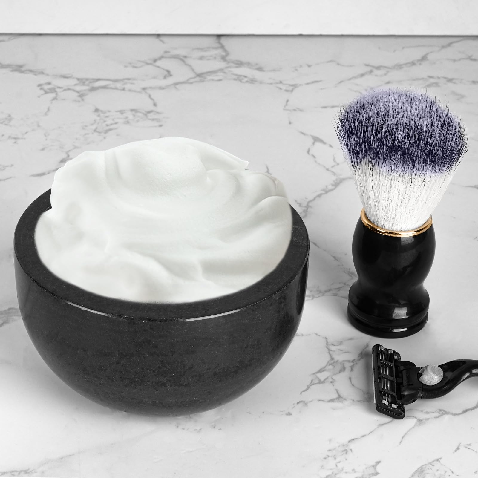 Linkidea Bol à savon de rasage en marbre 100% naturel, rainures internes pour une mousse maximale, pierre isolée pour une expérience de rasage luxueuse à chaud, cadeau pour mari, papa (Noir)