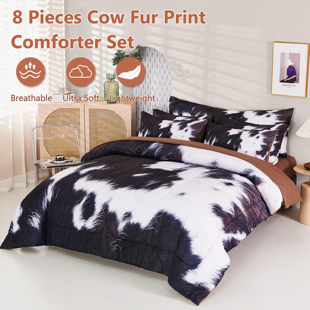 SUCSES Cow Print Comforter Set Queen Size, 8Pcs Cow Fur Print Bed Quilt Set with Comforter and Sheets, Super Soft Farmhouse Style Bed Bedding Sets for Teens Boys - Image 2