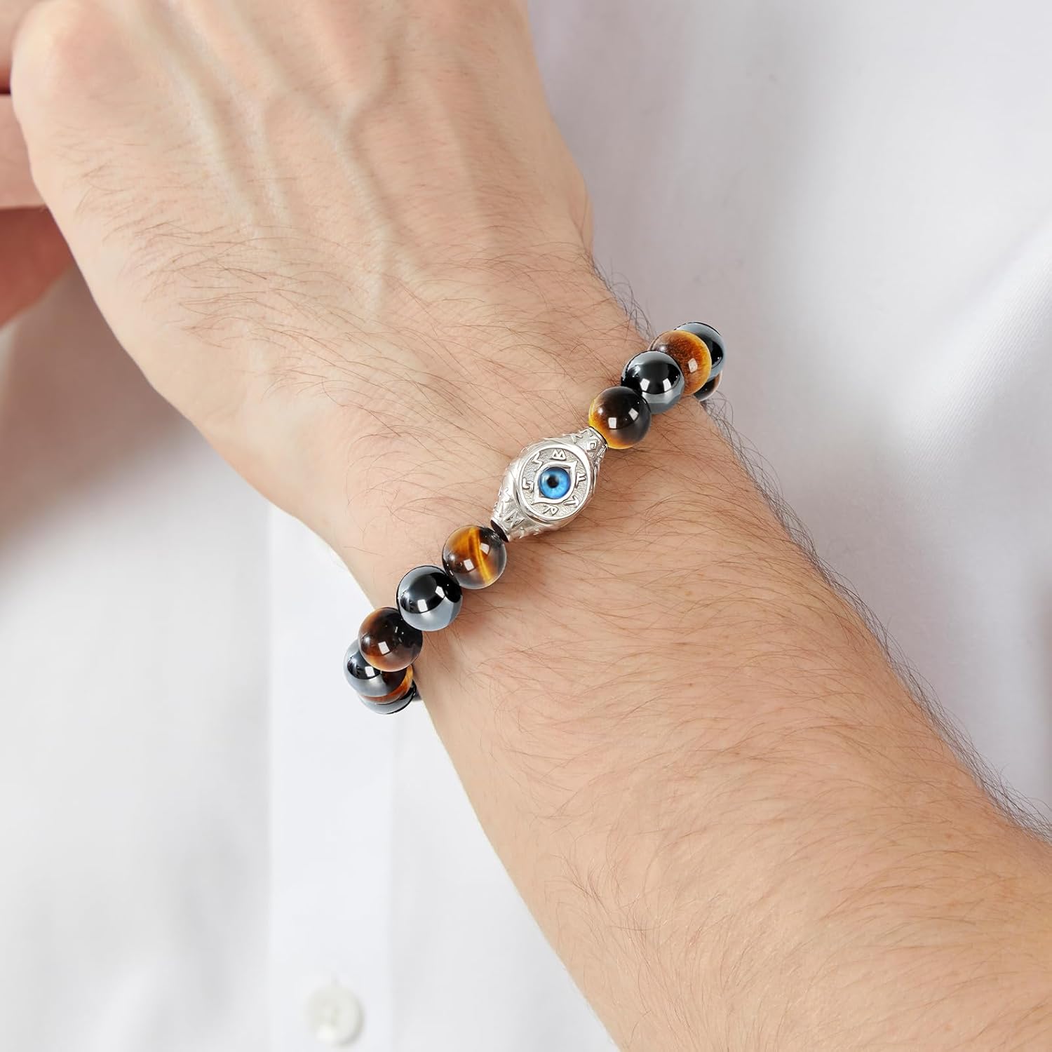 Men's Evil Eye Bracelet, 10mm Beaded Bracelet with Natural Gemstones, Adjustable Elastic Design, Gift for Anniversary, Christmas and Thanksgiving, Silver Obsidian/Tiger Eye/Hematite/Snowflake Obsidian/Black Agate
