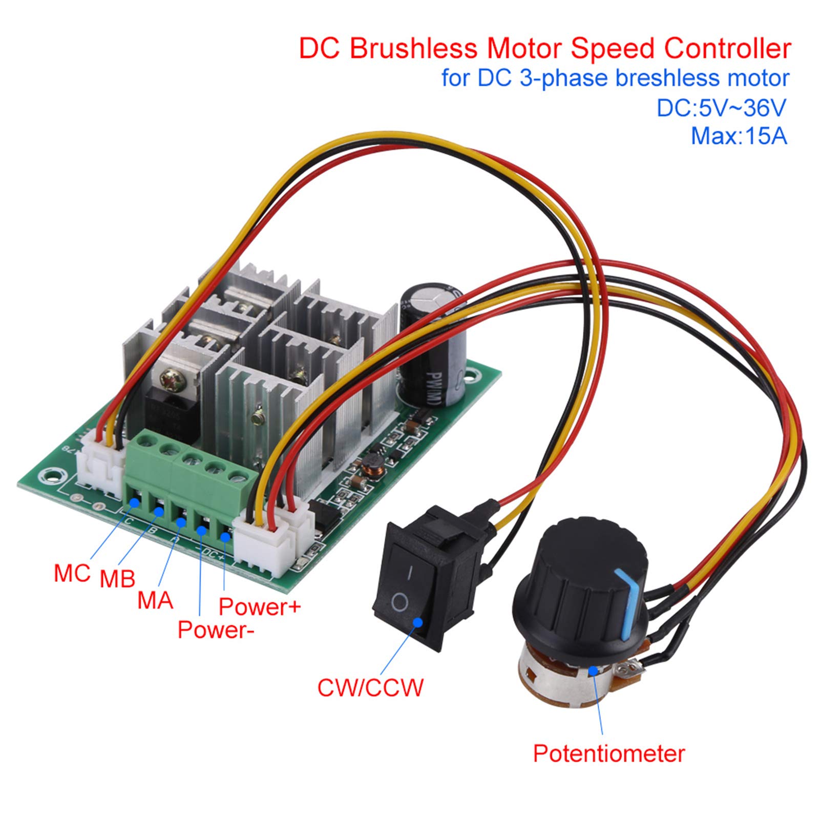 Controller di velocità di motore senza spazzole trifase DC 5 V-36 V 15 A quadro di comando del motore CW CCW