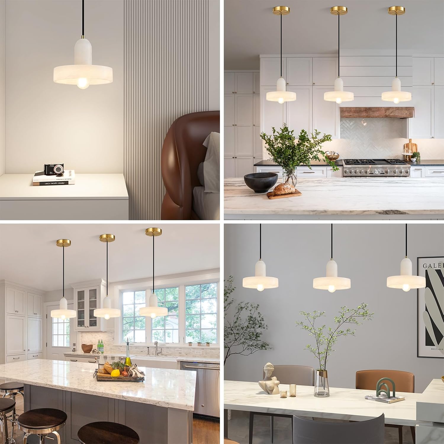 Natural Alabaster Pendant Lights for Kitchen Island,8" Marble Shade Chandelier Gold Lighting Fixtures White Marble for Bedroom Dining Room Living Room(1-Pack)