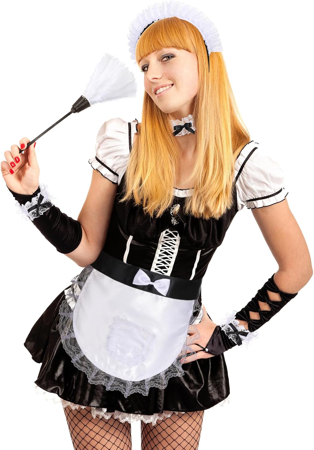 Miniatura 5 de Panitay Juego de 5 accesorios para disfraz de dama de limpieza francesa, incluye aro de encaje para el pelo, plumero, delantal con volantes