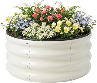 SnugNiture 2x2x1ft Round Galvanized Raised Garden Bed Kit Outdoor, Metal Planter Box for Planting Plants Vegetables, White