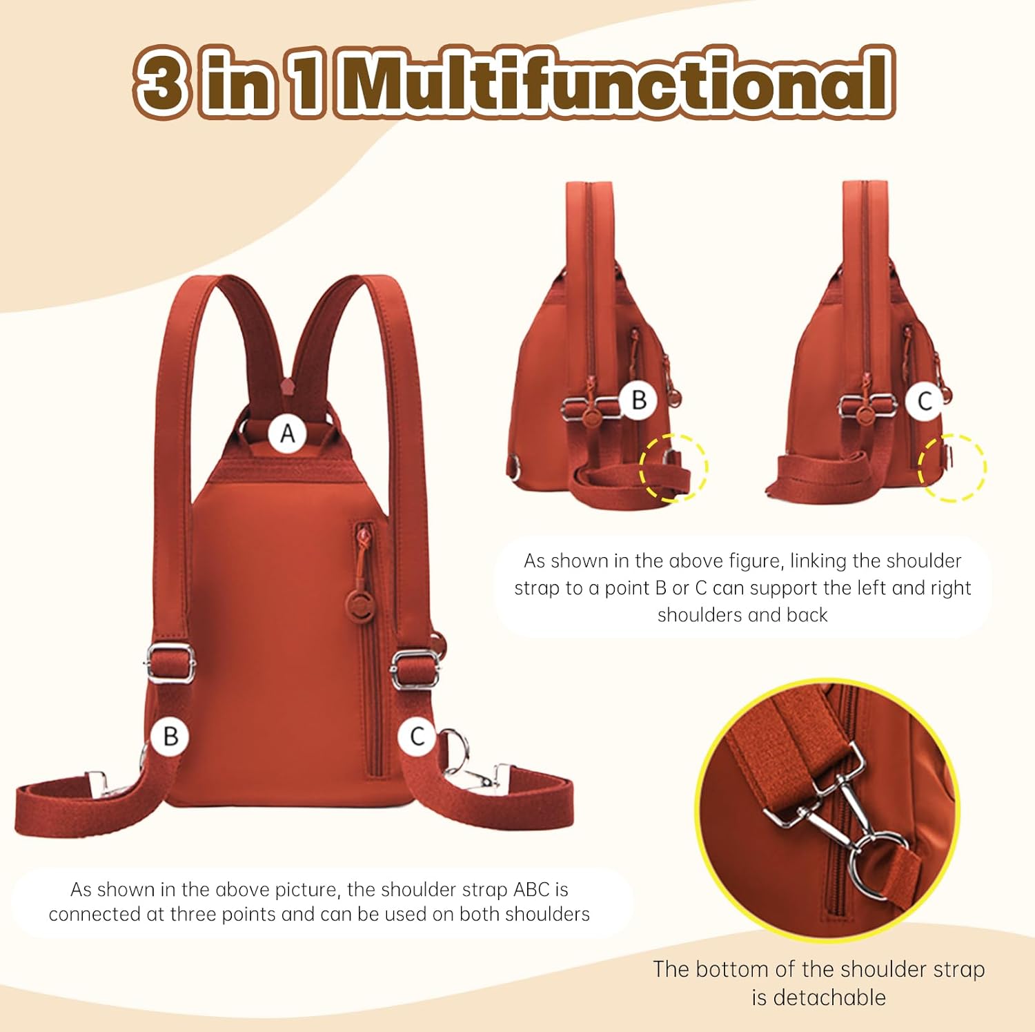 Waterproof 2-Way Mini Commuter Bag, Multi-Compartment Oxford Small Backpack, For Women, Collegeman, Commuter, Travel with Anti-Theft,Three in One Multifunctional Convertible Design (Orange) - Image 5