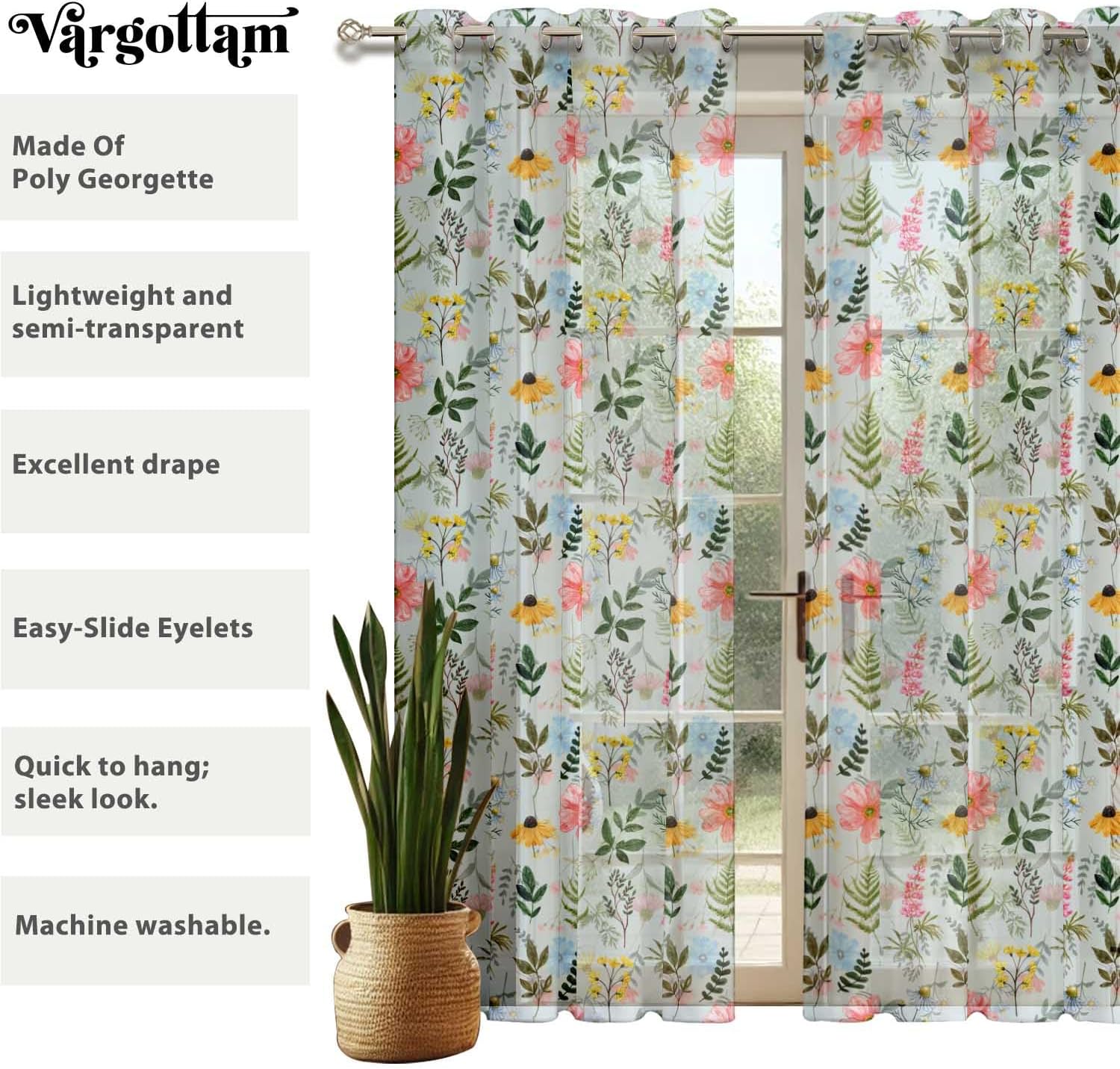 Botanical Print Sheer Curtains for Short Windows - Set of 2 Panels, 63", Grommet Top, Printed Georgette, Light Filtering Drapes for Kitchen or Bedroom