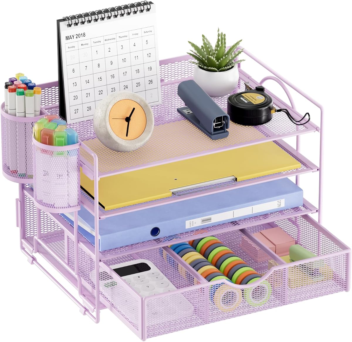 Marbrasse Desk Organizer, 4-Tier Paper File Letter Tray, Purple | Sturdy Paper Tray, File Holder, Built-in Drawer, 2 Pen Slots, fits Letters/Files, for School Home Office Supplies
