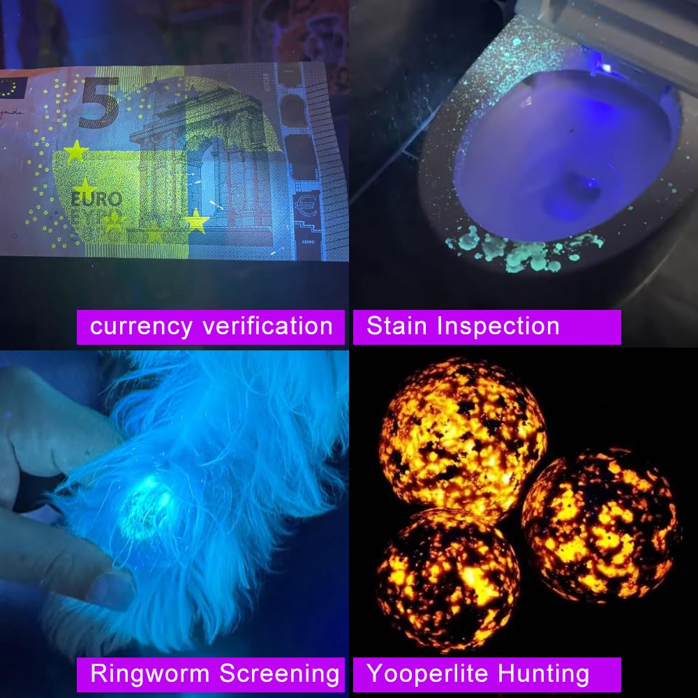 Linternas de luz negra de 365 nm, luz negra UV recargable con LED filtrados para caza de yooperlita, detección de orina de mascotas, resinas, escorpiones, fugas de automóviles