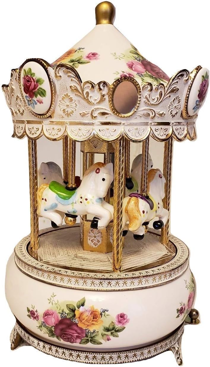 Splendid Porcelain Hand Painted Musical Carousel with up and Down and revolving Horse Animation Playing Waltz of The Flowers