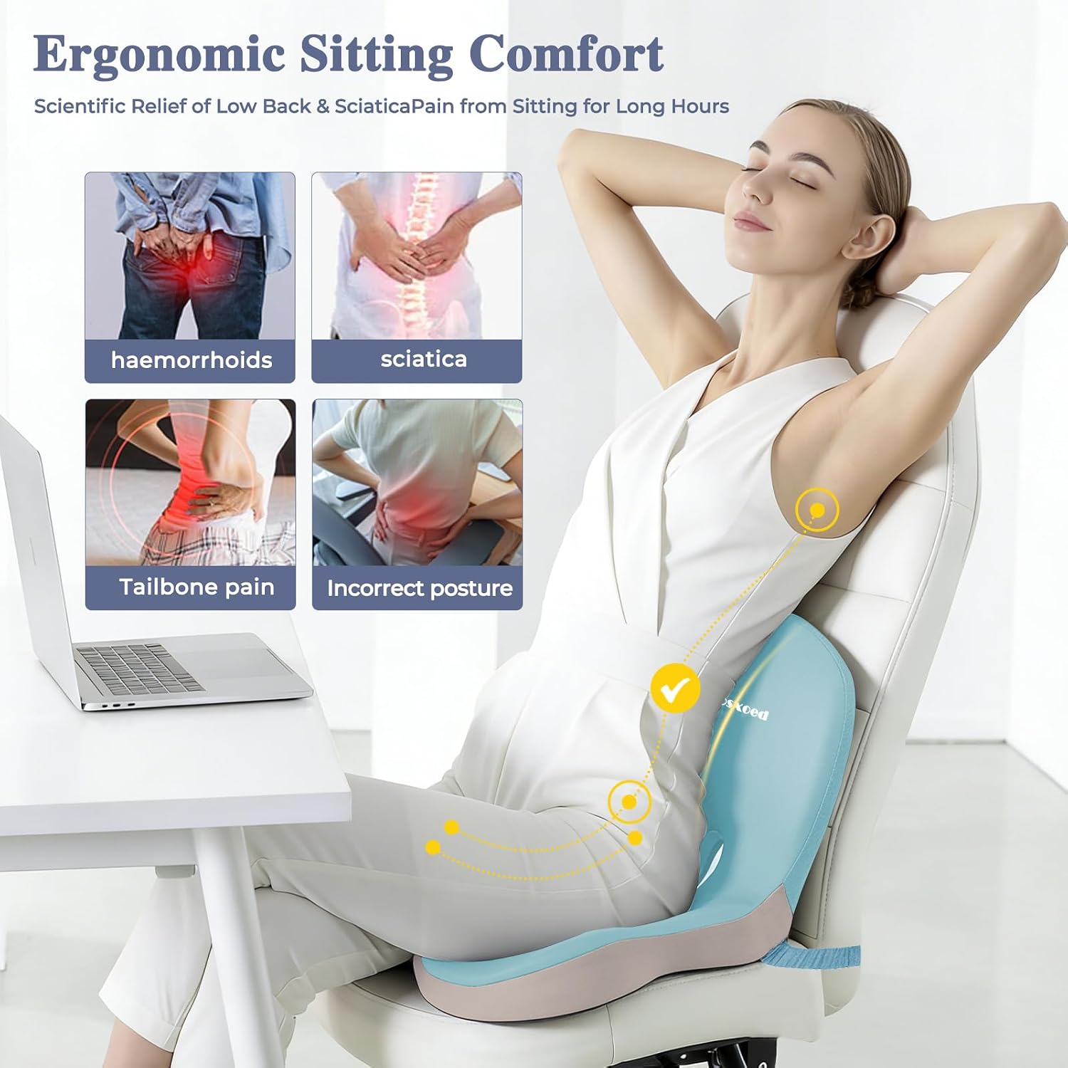 Memory Foam Seat Cushion for Sciatica & Back Pain Relief - Ergonomic Chair Pad with Adjustable Strap & Supportive Comfort Cover, Non-Slip for Car, Truck, Office Chair - Blue thumbnail
