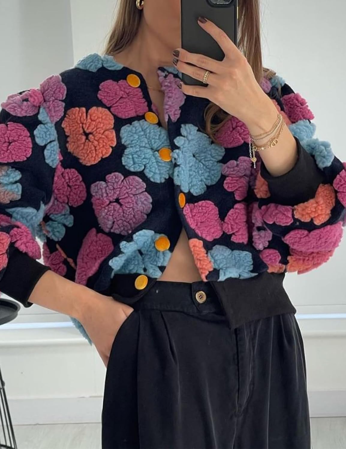 Yimoon Womens Cropped Floral Print Jacket Puff Sleeve Fleece Bomber Jacket Button Down Fall Winter Warm Outerwear - Image 4