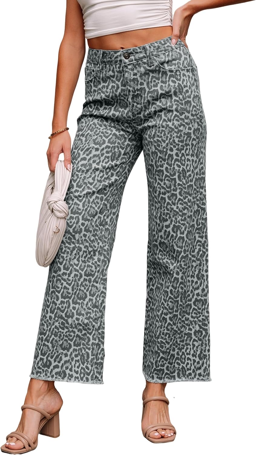 Jeans for Women Leopard Frayed Edge Wide Leg High Waist Jeans 2026 Trendy Denim Pants