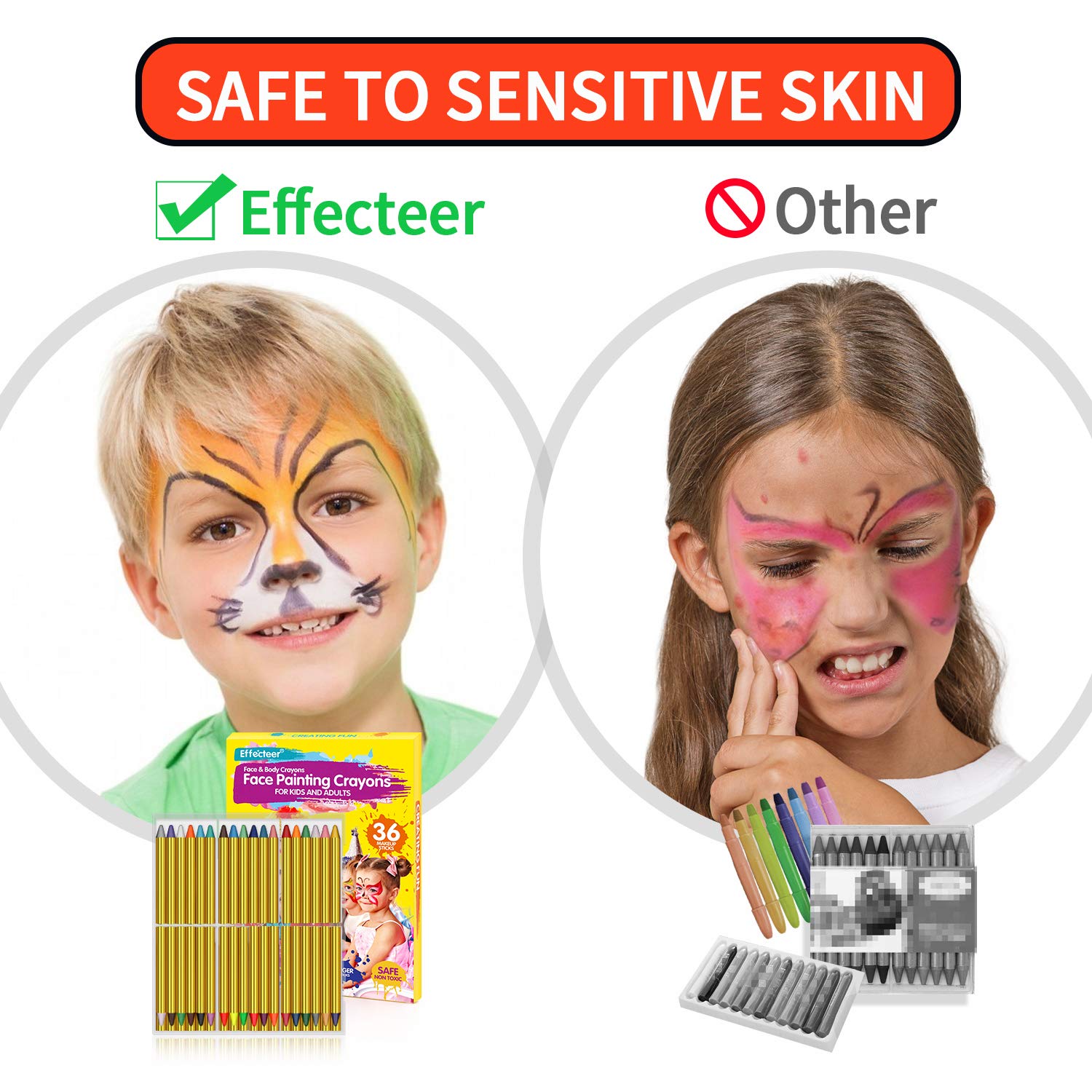 Face Paint Crayons for Kids, 36 Makeup Sticks & 36 Stencils, Professtional Face Painting kit for Halloween or Birthday Party, 6 Fluorescent, 6 Metallic & 24 Classic Colors, Safe for Sensitive Skin - Image 5