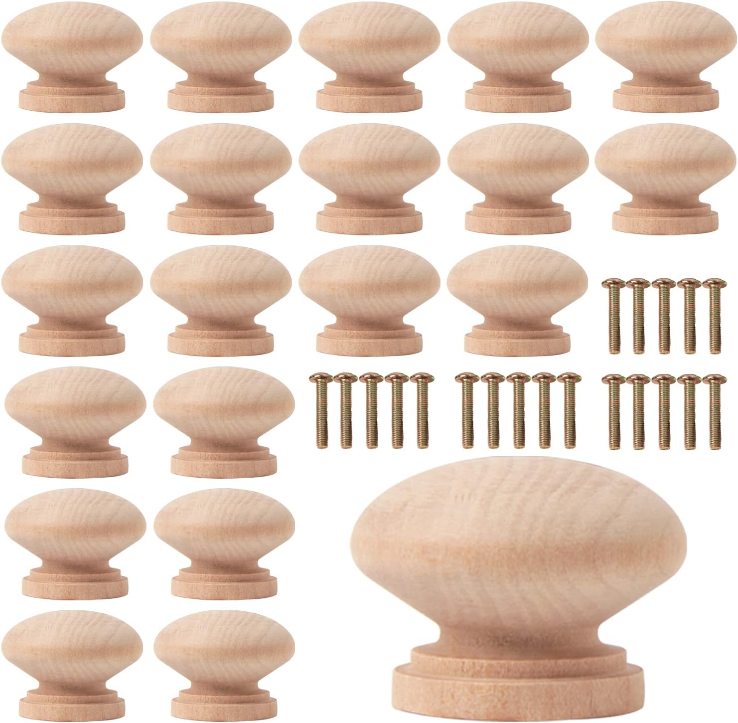 QfeleyRound Unfinished Wood Cabinet Furniture Drawer Knobs Pulls Handles, 20 Pack Wood Drawer Knob for Wardrobe Dresser Drawer (Diameter: 32mm Height: 25mm)