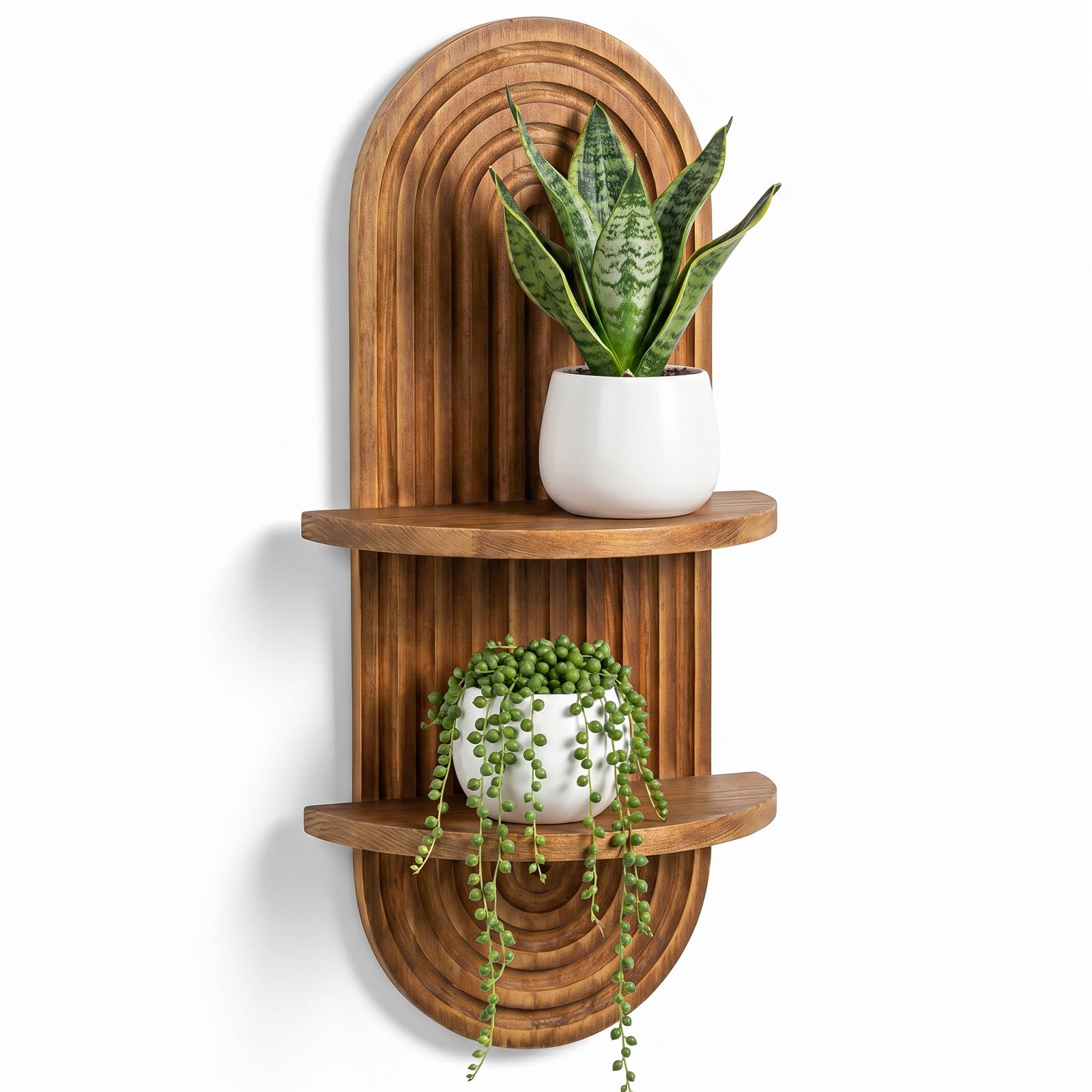 XunHe Boho Wall Shelf 2-Tier - Rustic Wooden Floating Shelf, Rattan Shelf