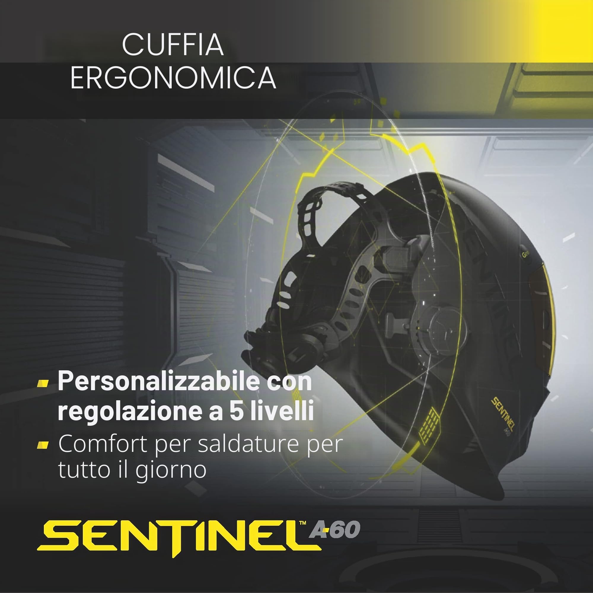 ESAB® Sentinel™ A60, casco da saldatura, design piatto nero, nylon ad alto impatto, ampio campo visivo 11,8 x 7,1 cm