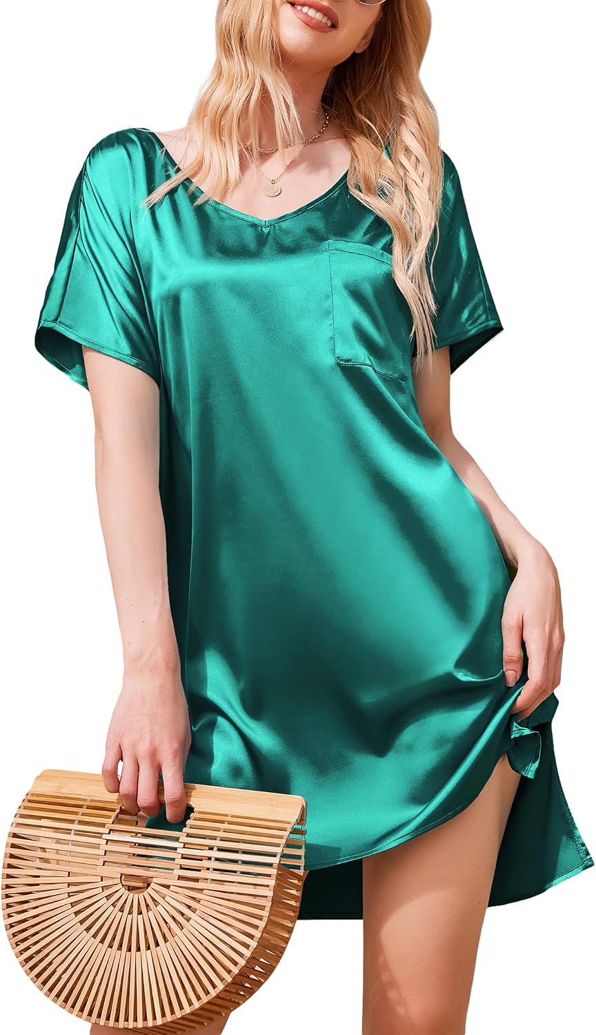 eshion Women Satin Nightgowns Short Sleeve Silk Sleepwear V Neck Boyfriend Casual Dresses with Chest Pocket S-XXL