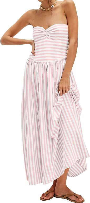 Striped Tube Top Beach Dresses for Women Strapless Pleated Flowy Maxi Dress Summer Party Midi Dresses