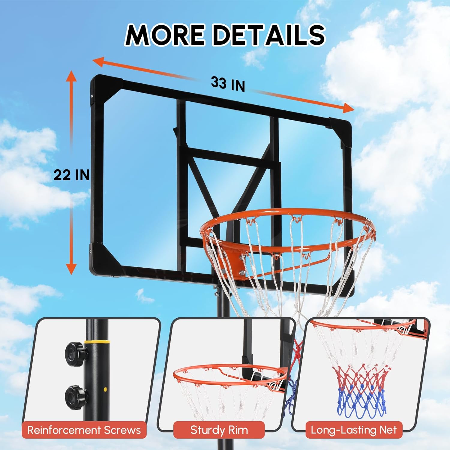 PEXMOR 5.05-8.53FT Portable Basketball Hoop, Adjustable to Any Height Easily, 33" Backboard for Kids & Youth, with Fillable Base & Wheels, Basketball Goal for Outdoor, Indoor, Backyard, Driveway