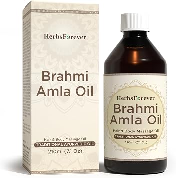 Herbsforever Brahmi Amla Oil-with Infused Cold Pressed Sesame Oil |Stop Hair Loss thinning & Balding | Promote Hair Growth & Calm Mind + 17 Potent Ayurvedic Herbs & Rose Petals,210 ml-7.1oz Natural