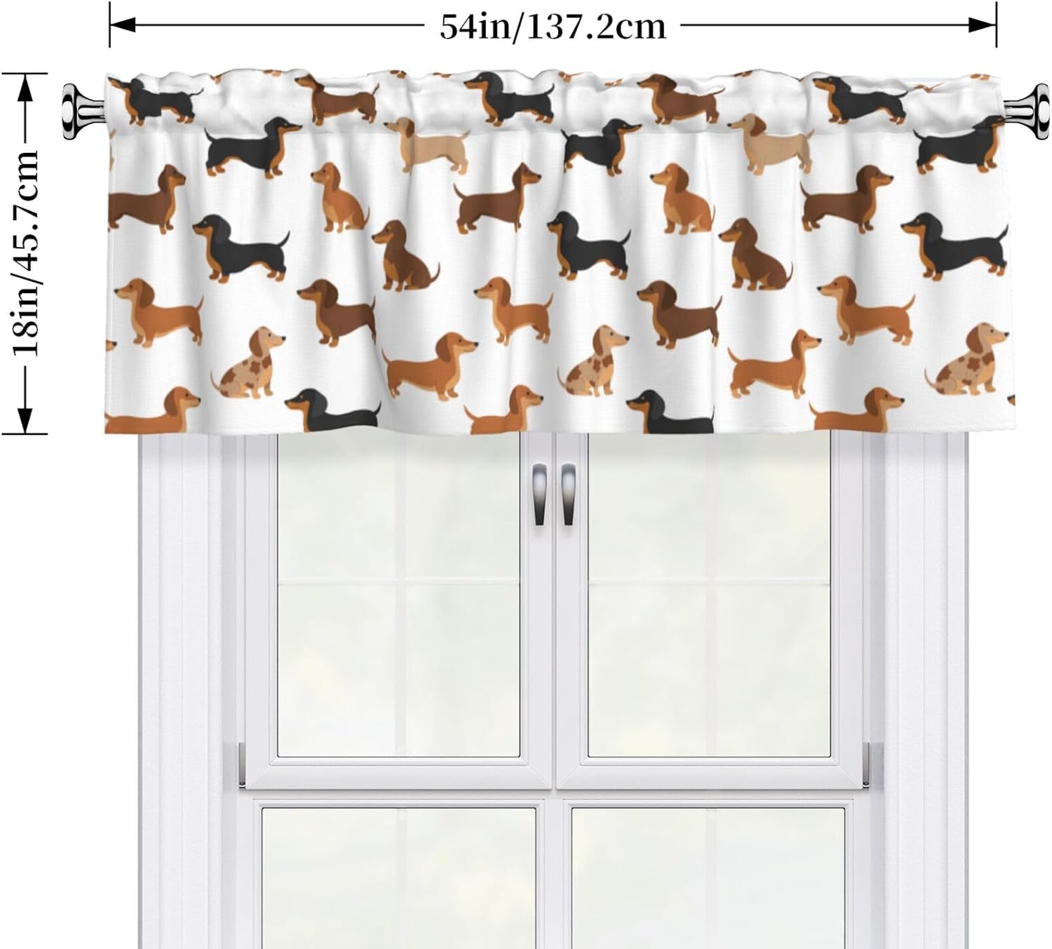 Valances for Windows Playful Dachshund Dogs Rod Pocket Kitchen Curtain Valances, Light Filtering Short Window Valance Curtains Topper for Bathroom Laundry Room, 54x18 Inch, 1 Panel