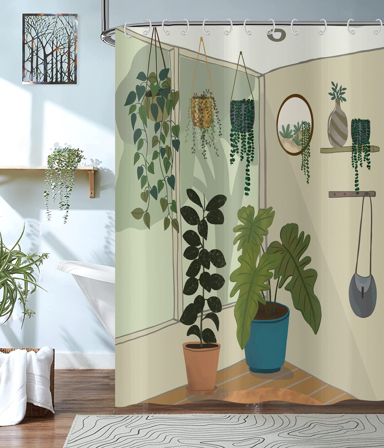 ZCHOMI Duschvorhang Boho Leaves – Botanisches Blatt-Muster, Wasserdicht, 183x183 Cm (mit 12 Haken)