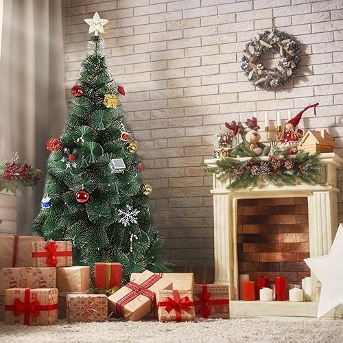 Árbol de Navidad artificial de pino clásico de 6 pies, rama natural con soporte de metal sólido, coníferas con reflejos dorados