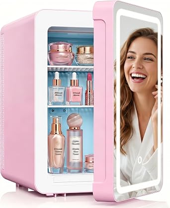 advwin 20L Mini Skincare Fridge with Dimmable LED Light Mirror, Makeup Fridge for Cooler & Warmer, Cosmetics, Beauty, Food & Drinks, Portable Small Refrigerator for Bedroom, Office, Dorm 20L pink