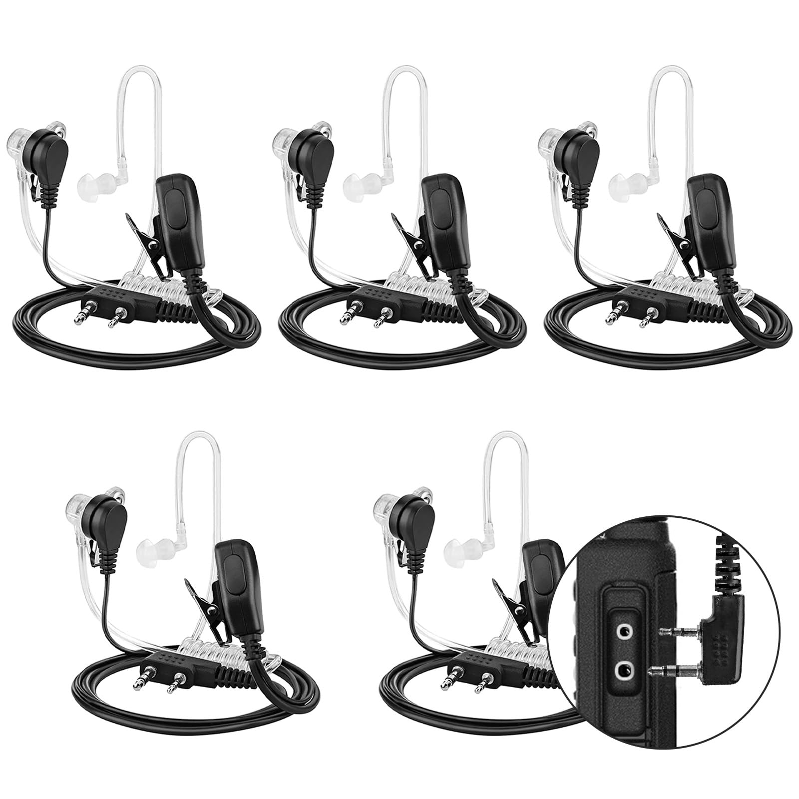 Confezione da 5 auricolari radio bidirezionali con microfono, cuffie per walkie talkie a tubo acustico, compatibili con Kenwood, Baofeng, BTECH, Retevis, Wouxun (tipo K a 2 pin)