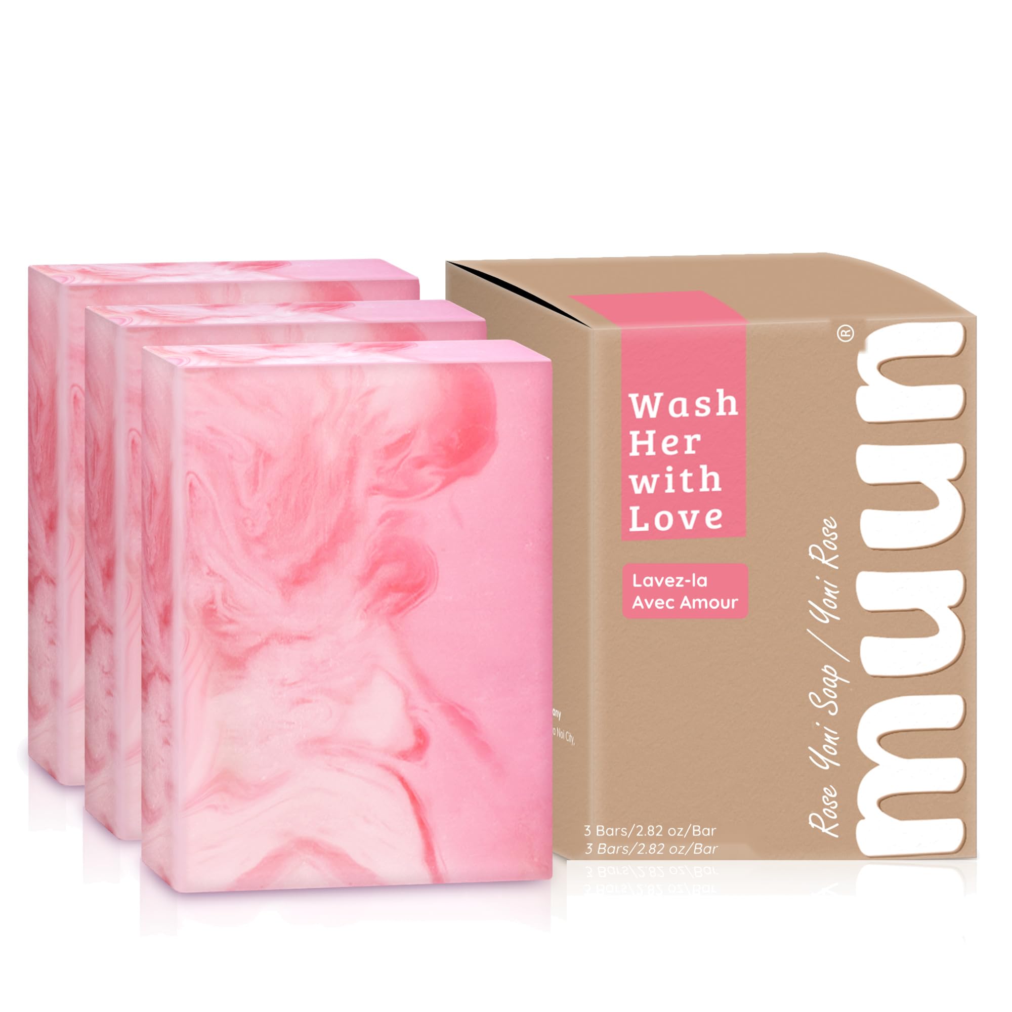 Muun Yoni Soap Bar - Pack 3 Ph Balance Probiotics & Natural Ingredients - Gentle Cleansing Formula Eliminates Odor Vaginal Health - Feminine Wash - Moisturizing Intimate (Rose)