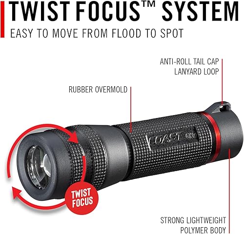 Miniatura 6 de Coast GX10 - Linterna LED compacta y resistente al agua de 550 lúmenes con doble alimentación, mango con textura de agarre, 4 modos de luz, enfoque