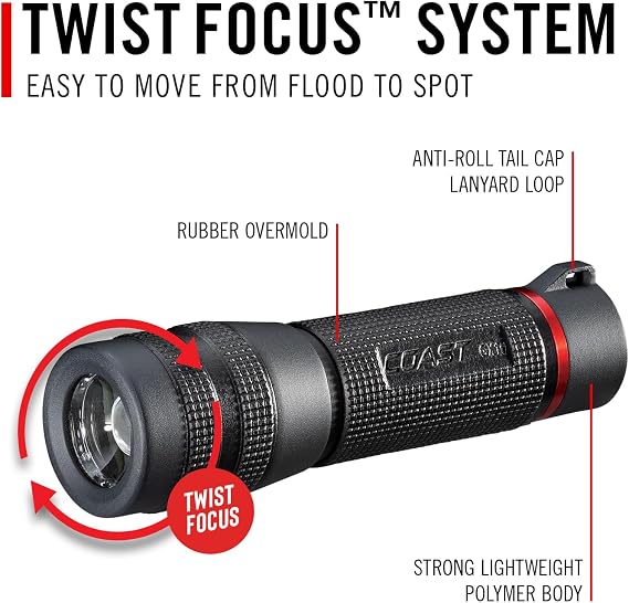 Coast GX10 550 Lumen Compact & Waterproof Dual Power LED Flashlight with Grip-Textured Handle, 4 Light Modes, Twist FocusTM & Pure Beam Technology