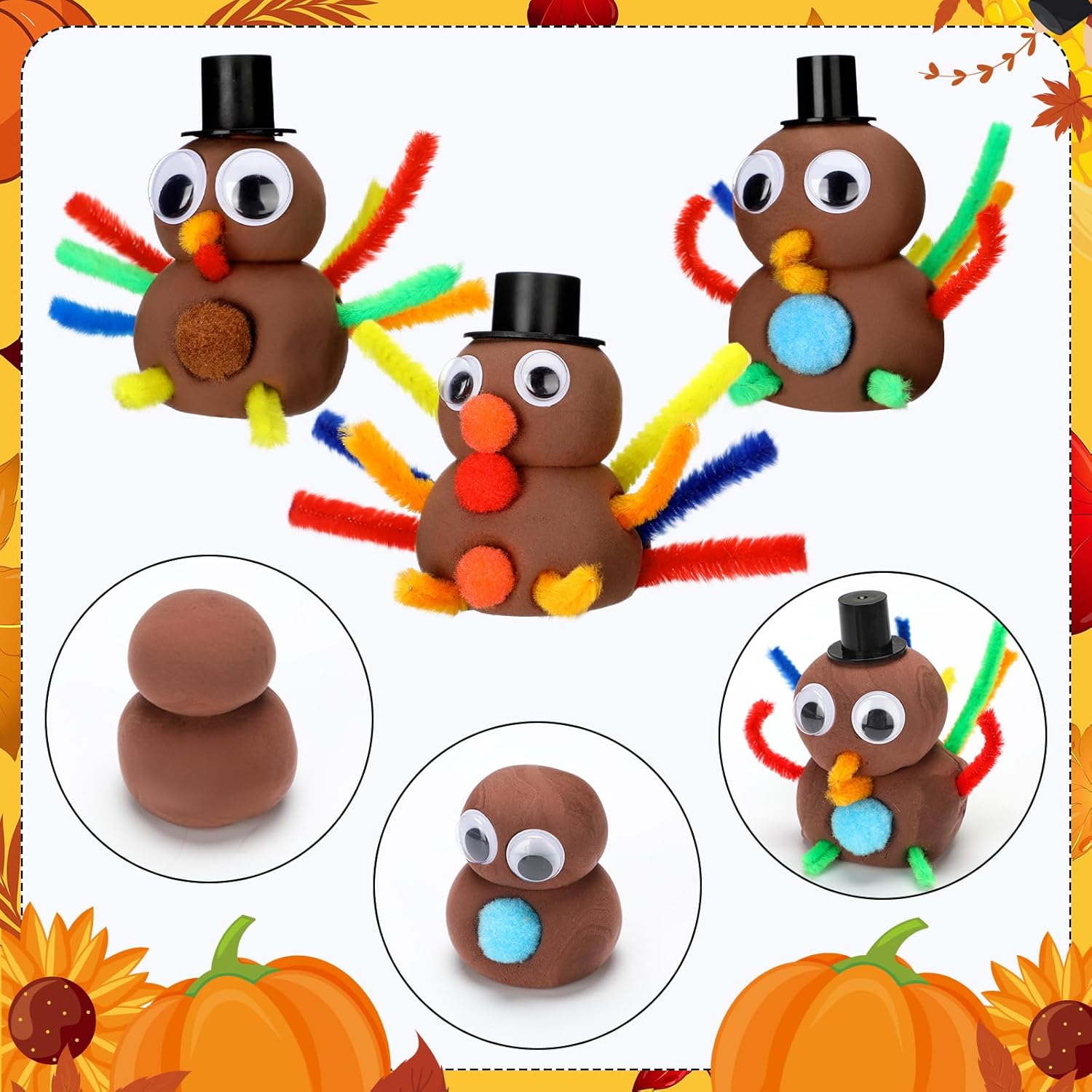 Shappy 24 Pack Thanksgiving Turkey DIY Craft Kits Fall DIY Turkey Air Dry Clay Modeling Autumn Indoor Decoration for Thanksgiving Fall Party Supplies