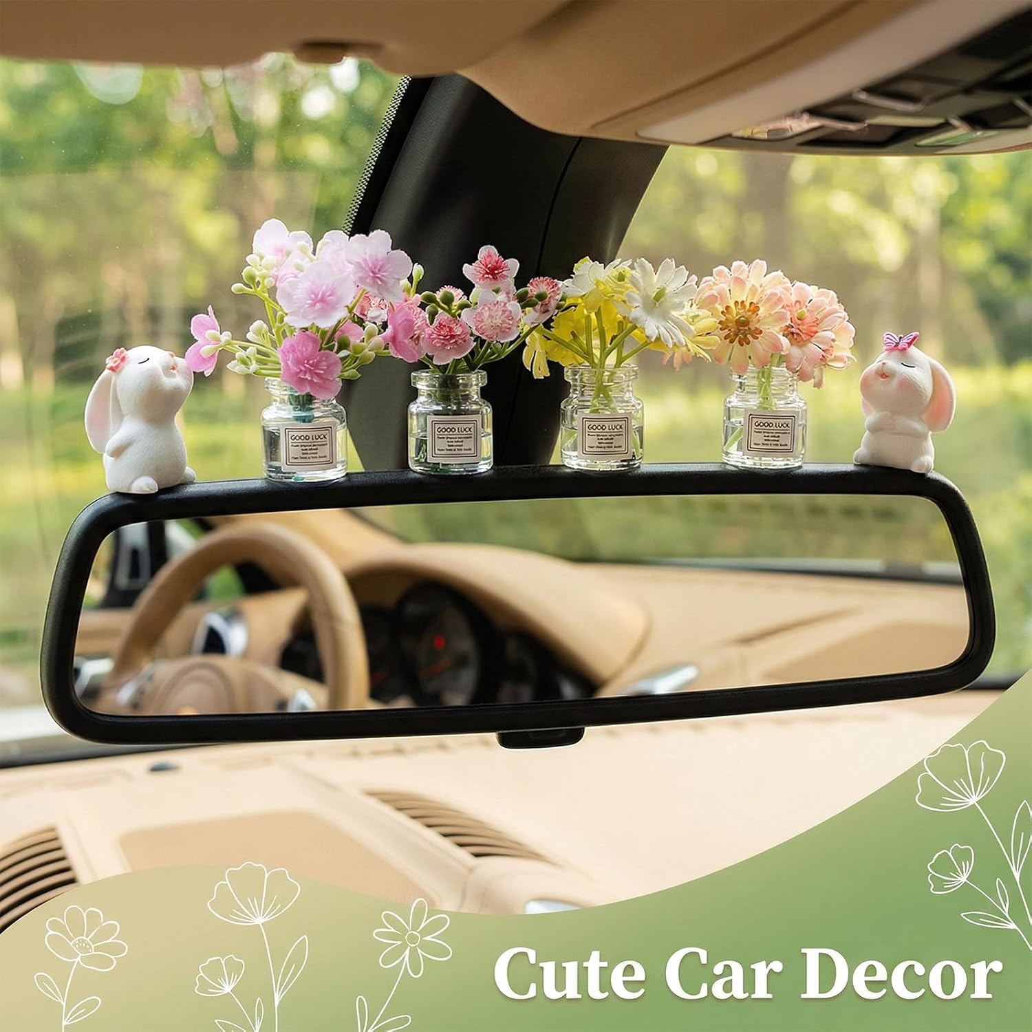 8PCS Cute Mini Bunny and Peach Blossom in Flower Vase, Car Dashboard Decorations Rearview Mirror Ornaments Funny Car Interior Accessories Gifts