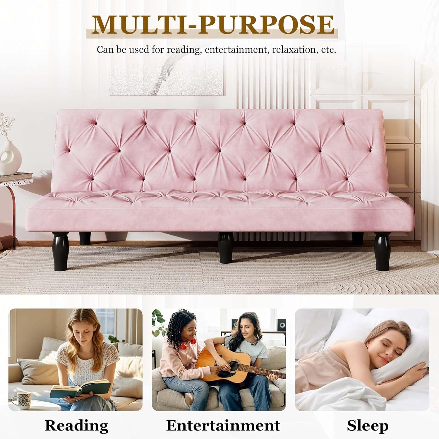 Anwick 3-in-1 Futon Sofa Bed, 66" Velvet Love Seat Sleeper Bed with Adjustable Backrest, Multifunctional Reclining Couch Sofas for Small Spaces, Living Room, Office, Guest Room (Pink)