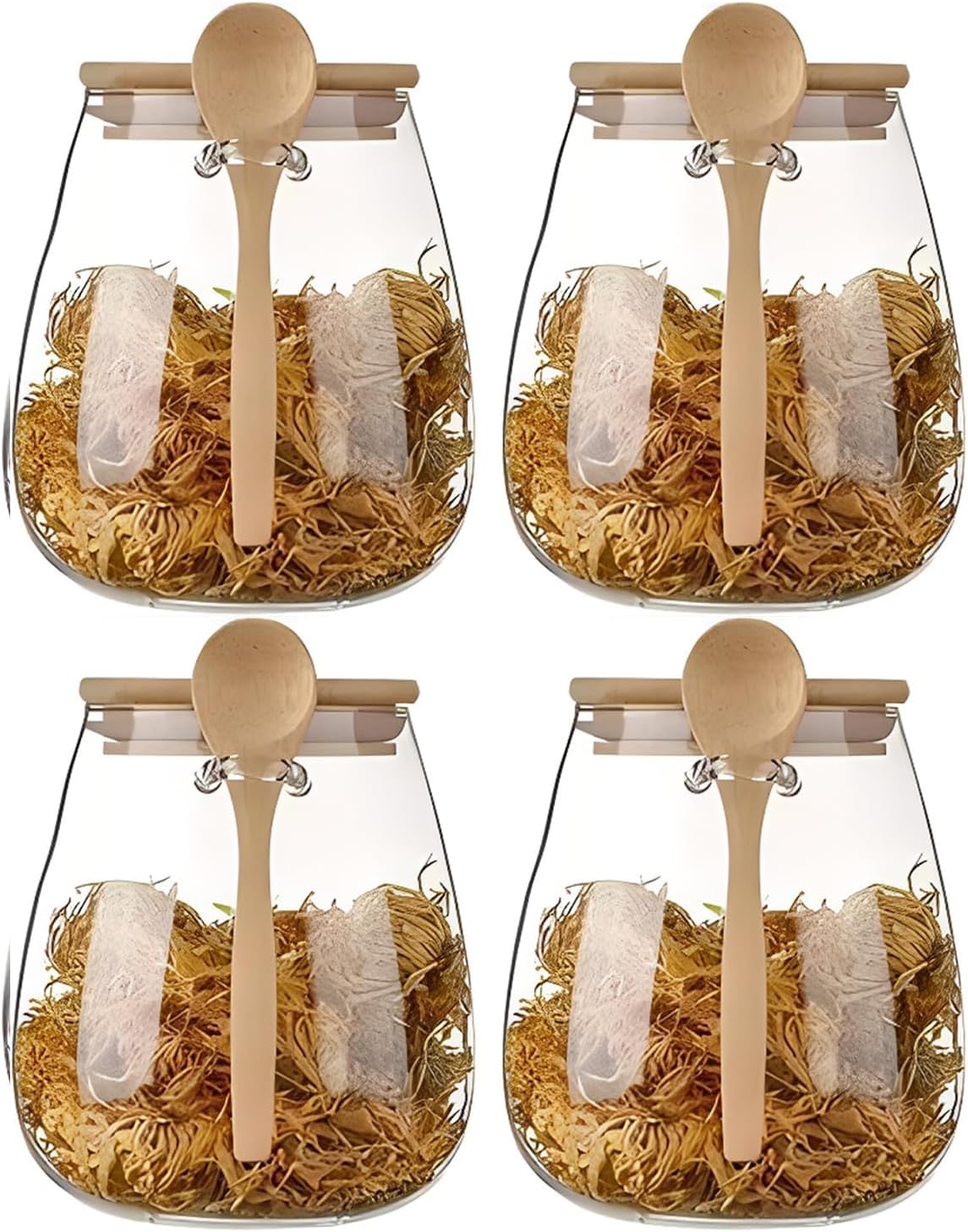 Airtight glass jar storage container with bamboo lid Set of 4, wide mouth, leak-proof, With a spoon, can be used for coffee beans, tea leaves, grains, dried fruits, etc (Large*4PCS)