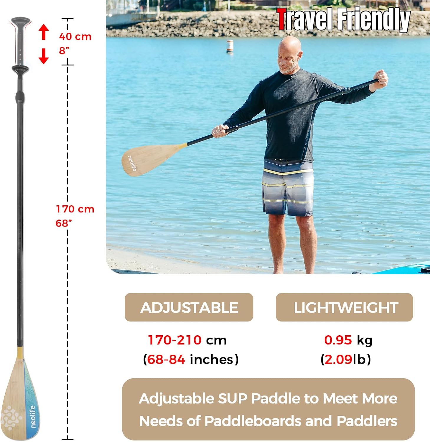SUP Paddleboard Paddle with Carbon Fiber Shaft and PP Blade, Floating Adjustable Stand Up Paddle Board Paddle, 170-210 cm/68-84 inch