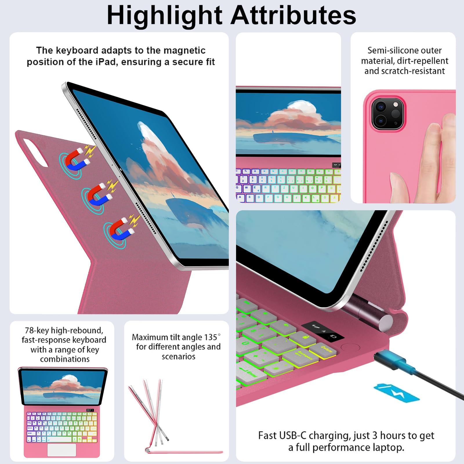 FOGARI Magic Keyboard Funda para iPad Air de 13 pulgadas 2026/2025/2024 (M4/M3/M2) | Magic Keyboard para iPad Pro 12.9 6. / 5. / 4. / 3. Gen with trackpad 7 colores iluminación y soporte magnético rojo