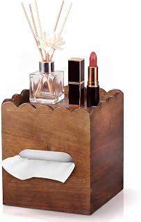 Novabright Scalloped Tissue Box with Storage Tray Acacia Walnut Modern Wood Napkin Holder Towel Tray Home Decoration for Bathroom Desktop Nightstand Office Decorative Facial Tissue Cube Box Organizer