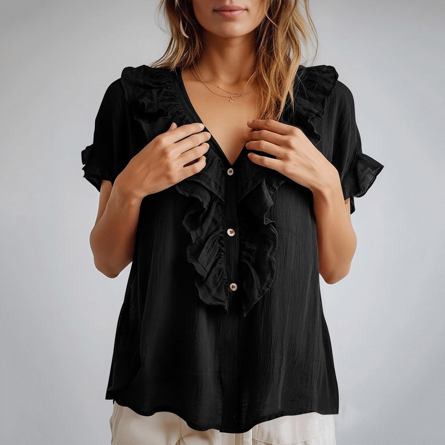 Linen Shirts for Women Ruffle Trim V Neck Top Boho Short Sleeve Summer Blouse Cotton Casual Blouses with Buttons