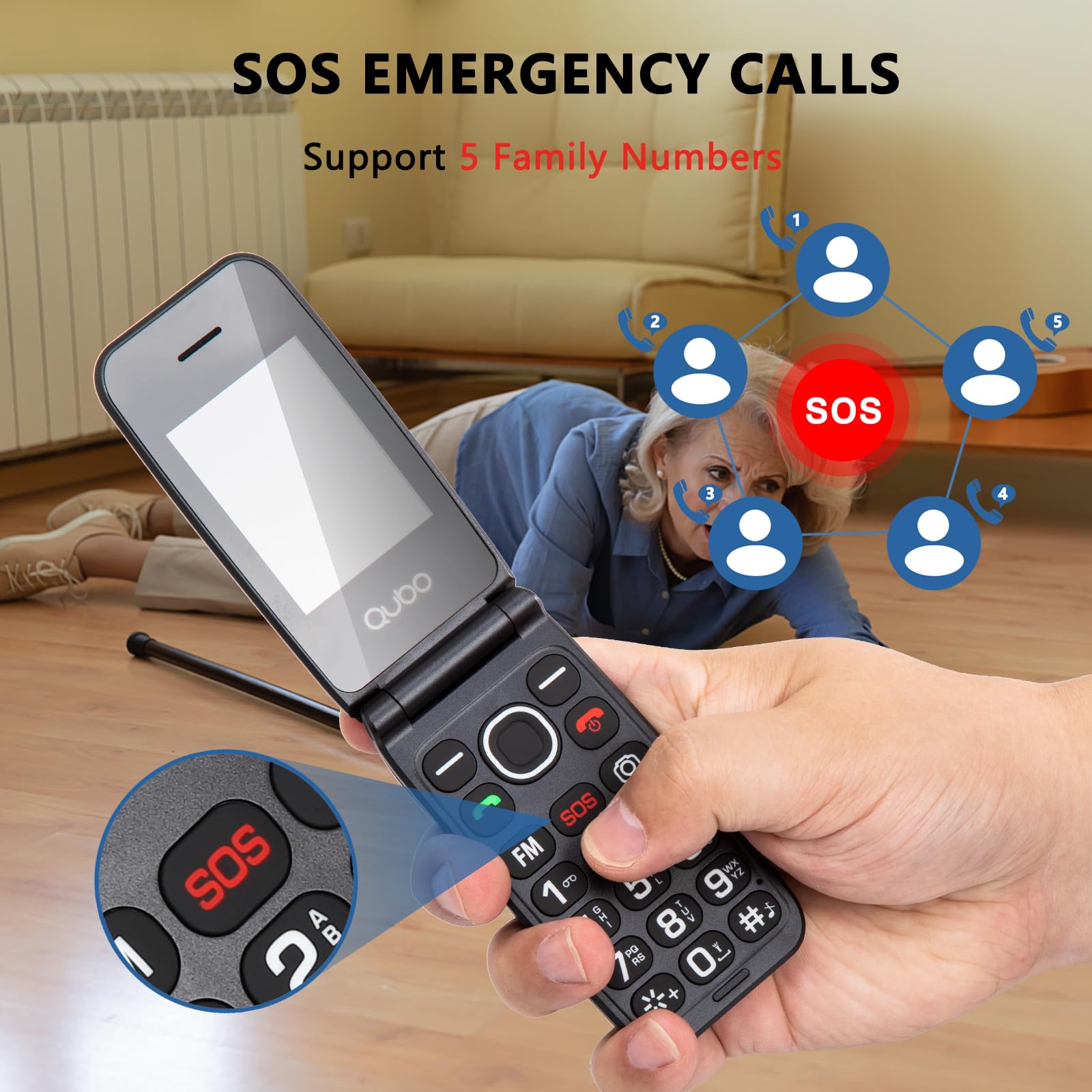 Qubo Flip Telefono per anziani GSM, Cellulare per anziani, Display da 2,4'', Volume alto,Funzione SOS, Supporto Dual SIM,Chiamata rapida, Radio FM, Torcia elettrica,Base di ricarica,Nero
