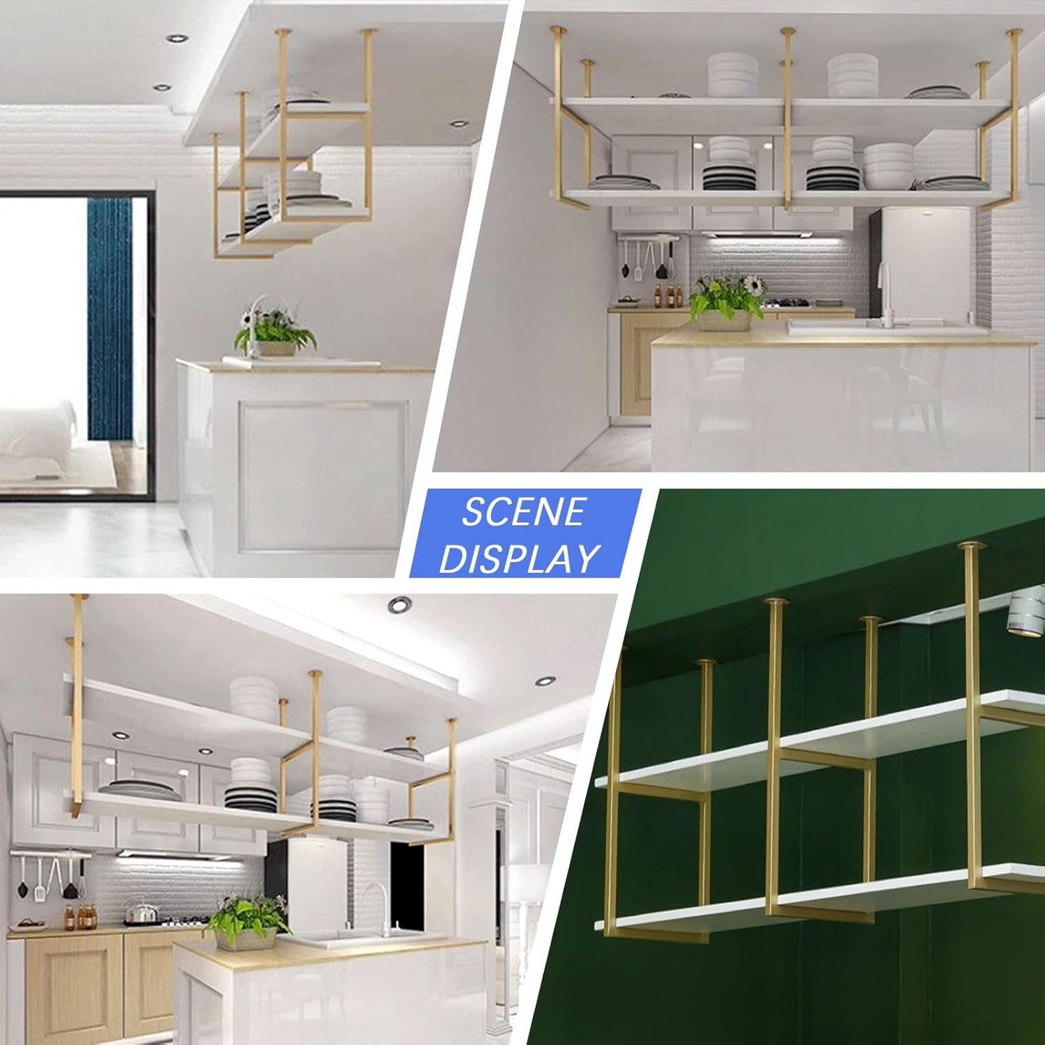 Ceiling-Mounted Floating Shelves 2-Tier Wood Wall Decor Storage Rack for Kitchen Bars Gold Pot Rack Wine Holder Plant Supports - Stylish & Functional Home nization