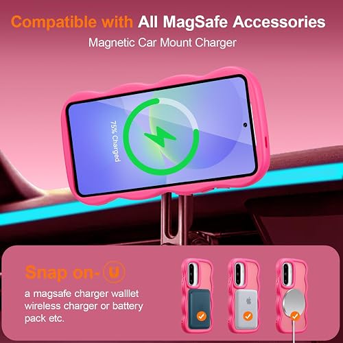 UEEBAI Coque Magnétique pour Samsung Galaxy A57 5G Compatible avec Recharge sans Fil, Wave Frame Étui en Silicone Liquide, Housse de Protection Bumper Cover Case avec Anti-Rayures, Rouge Rose - 2
