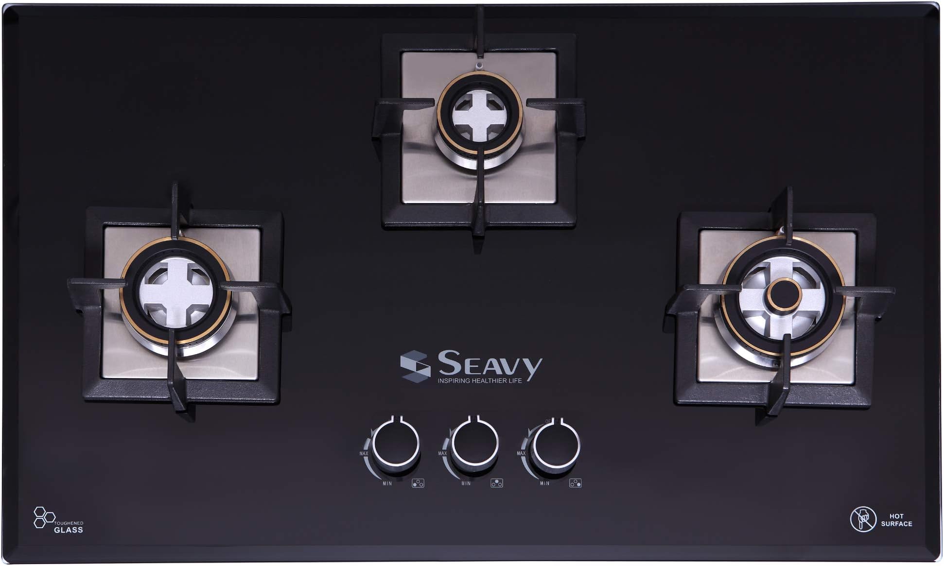 3 Brass Burner Built in Hob/Hob Top with Toughened Glass, Auto Ignition (Premia 3BRN - Black)