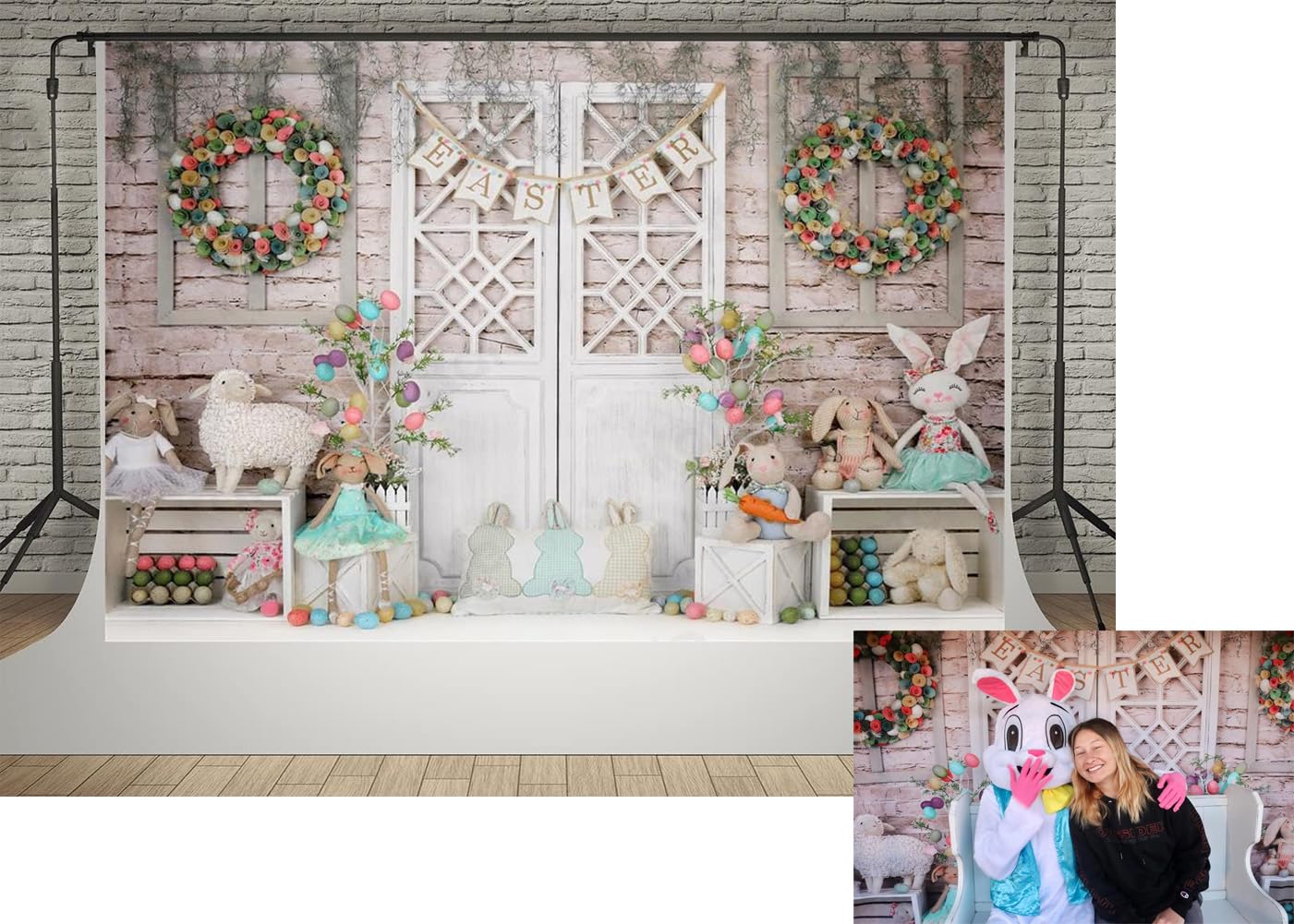 Kate 7x5ft Spring Happy Easter Day Photography Backdrops Colorful Eggs Cute Rabbit Toy Photographic Background Retro Gray Wall White Door Baby Shower